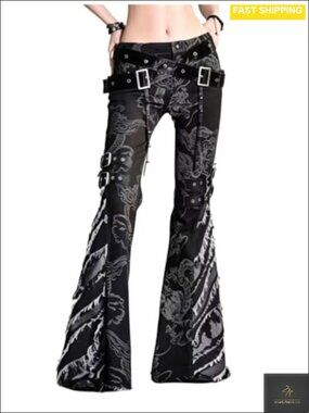 Y2K Punk Dragon Print Flare Jeans with PU Belt Low Rise Slim Fit